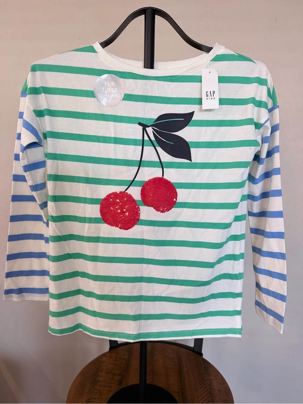 GAP Green Striped Cherry Sequin Long-Sleeve Top